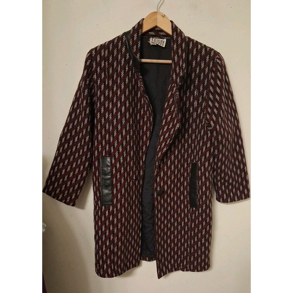Vintage Red Black  Wool Peacoat Women’s Size S  Faux Leather 80s 90s